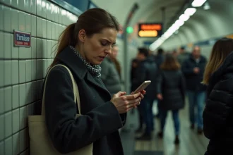Femme frustrée consultant son téléphone sur un quai de métro parisien bondé en attendant un train en retard