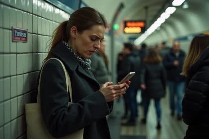 Femme frustrée consultant son téléphone sur un quai de métro parisien bondé en attendant un train en retard