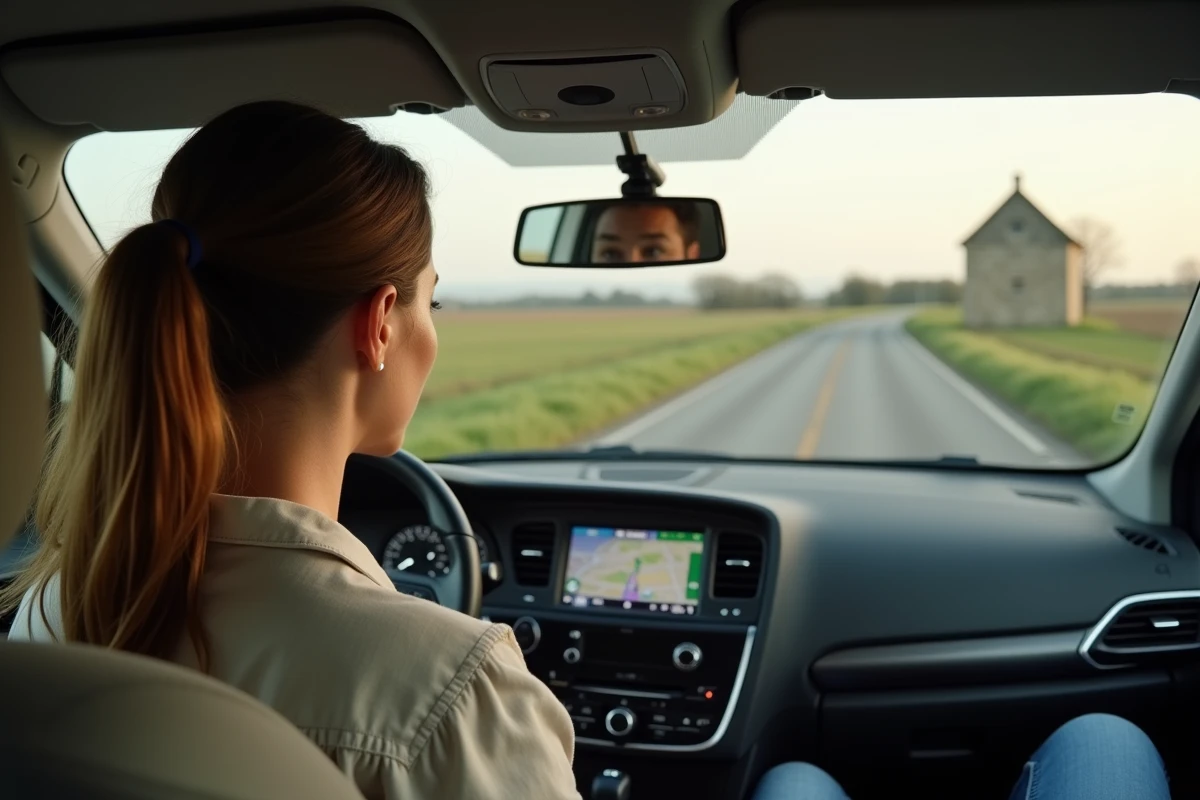 Femme perplexe dans une voiture regardant un GPS affichant un lieu-dit inconnu sur une route rurale française