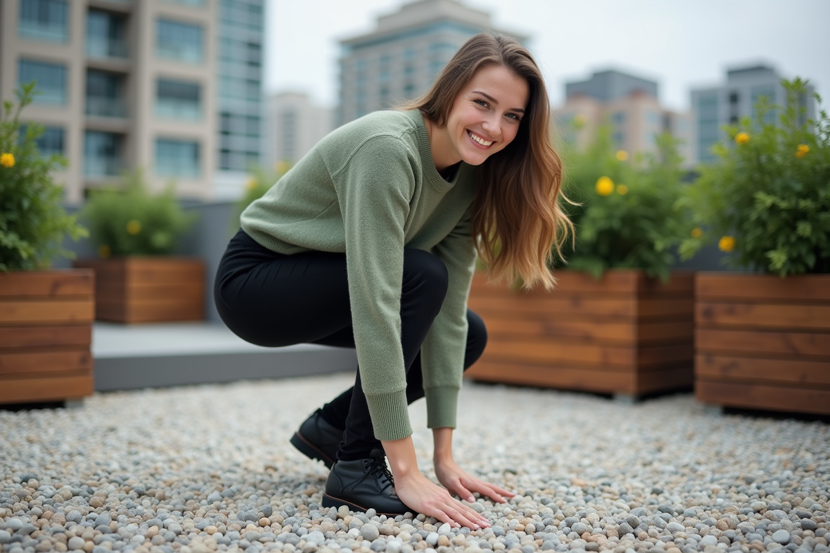 Jeune femme souriante touchant le gravier sur un toit