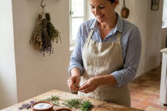 Femme en tablier de lin préparant des herbes de Provence fraîches sur un comptoir en bois rustique dans une cuisine provençale authentique