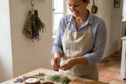 Femme en tablier de lin préparant des herbes de Provence fraîches sur un comptoir en bois rustique dans une cuisine provençale authentique