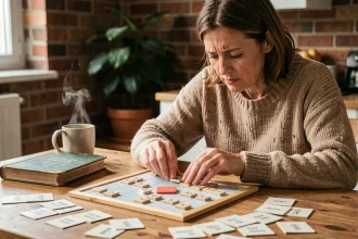 Femme concentrée jouant à un jeu de mots pédantique comme entraînement mémoire à la maison