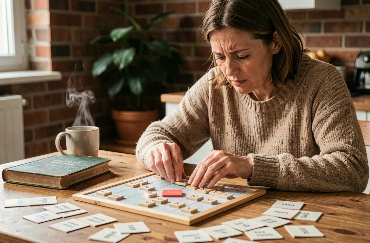 Femme concentrée jouant à un jeu de mots pédantique comme entraînement mémoire à la maison