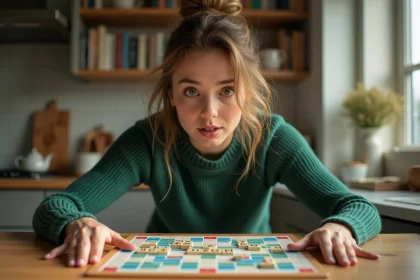 Jeune femme joue au Scrabble dans une cuisine lumineuse