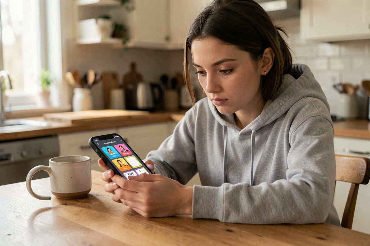 Jeune femme jouant à 4 Images 1 Mot sur smartphone, concentrée sur un niveau difficile à 5 lettres