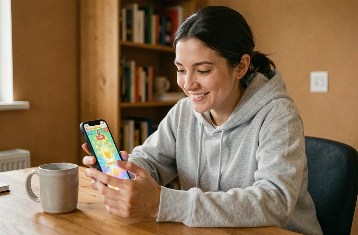 Jeune femme jouant à Coin Master sur smartphone pour obtenir des tours gratuits via des liens de récompense quotidiens