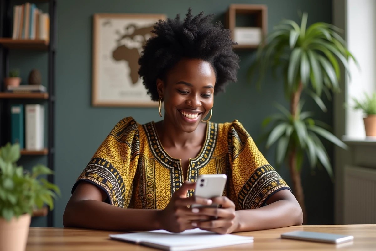 Femme nigériane souriante en Ankara dans un bureau moderne