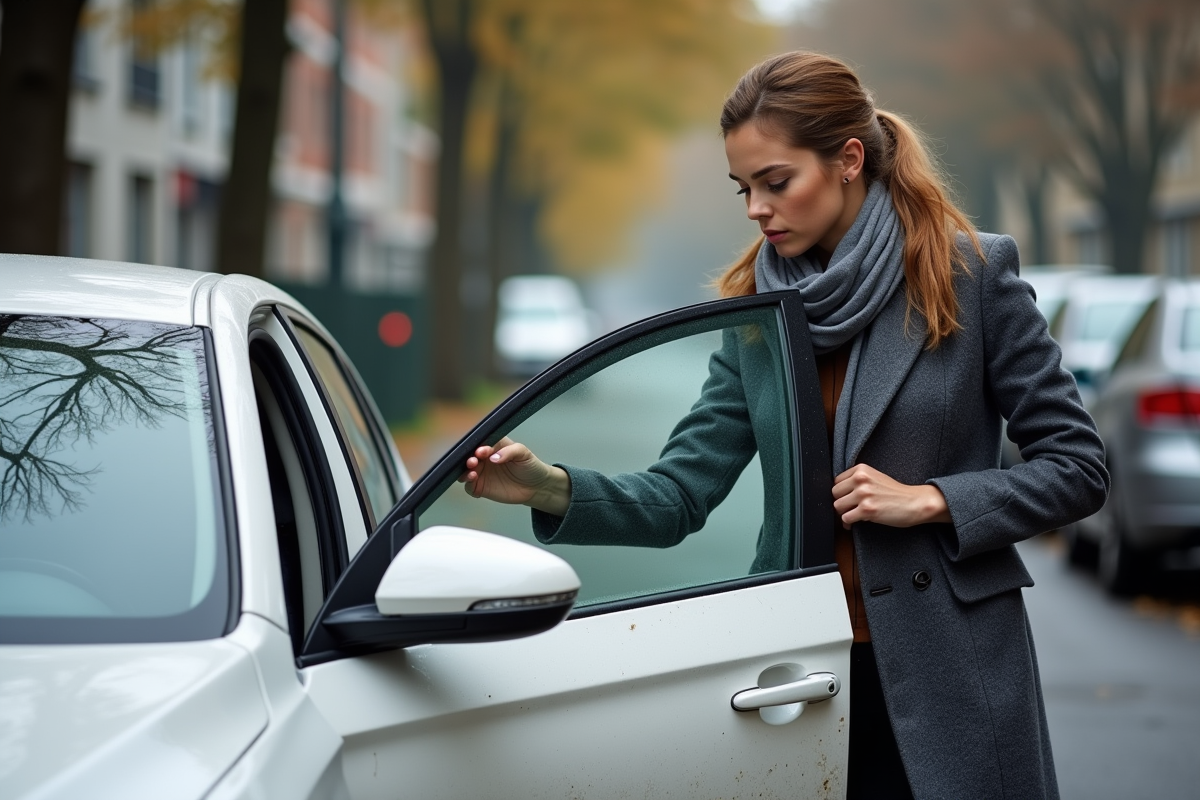 Femme ouvrant la porte de sa voiture en ville