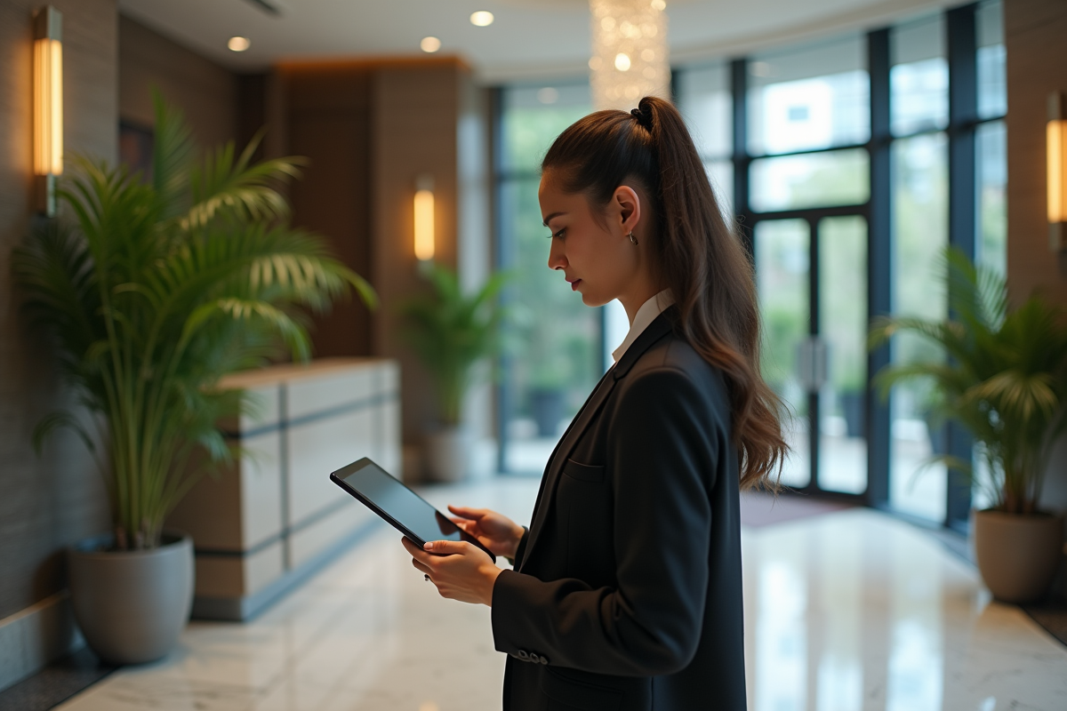 Jeune femme d affaires examinant plans sur tablette