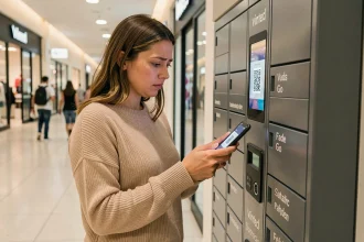 Femme consultant son téléphone devant un point relais Vinted Go dans un centre commercial d'Aulnay-sous-Bois