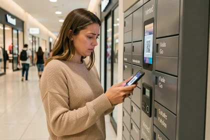 Femme consultant son téléphone devant un point relais Vinted Go dans un centre commercial d'Aulnay-sous-Bois
