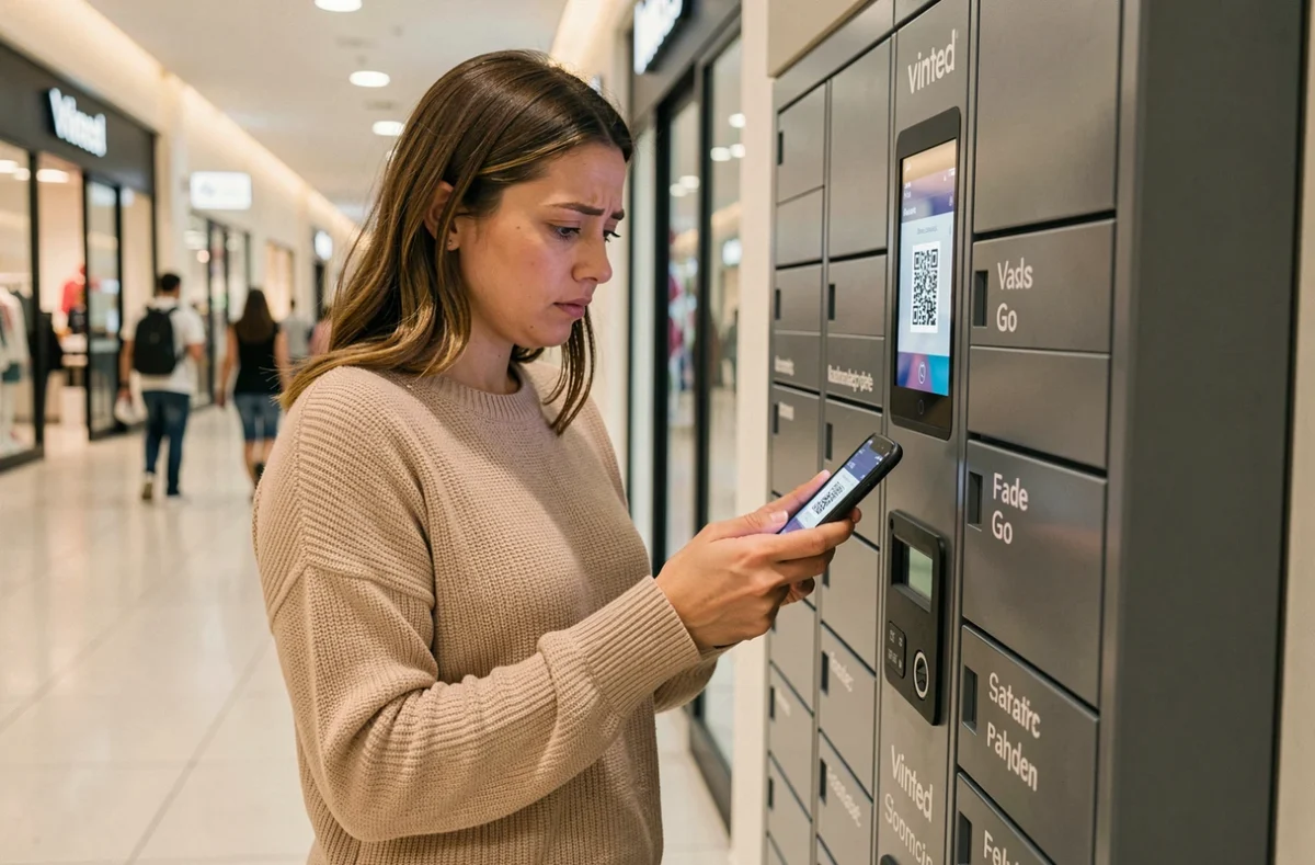 Femme consultant son téléphone devant un point relais Vinted Go dans un centre commercial d'Aulnay-sous-Bois