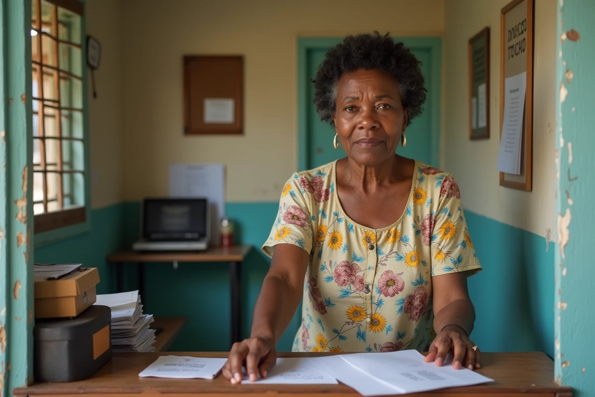 Femme mauricienne dans une poste locale modeste