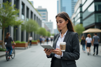 Jeune femme d'affaires avec tasse réutilisable en ville