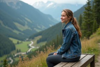 Jeune femme en randonnée contemplant la montagne