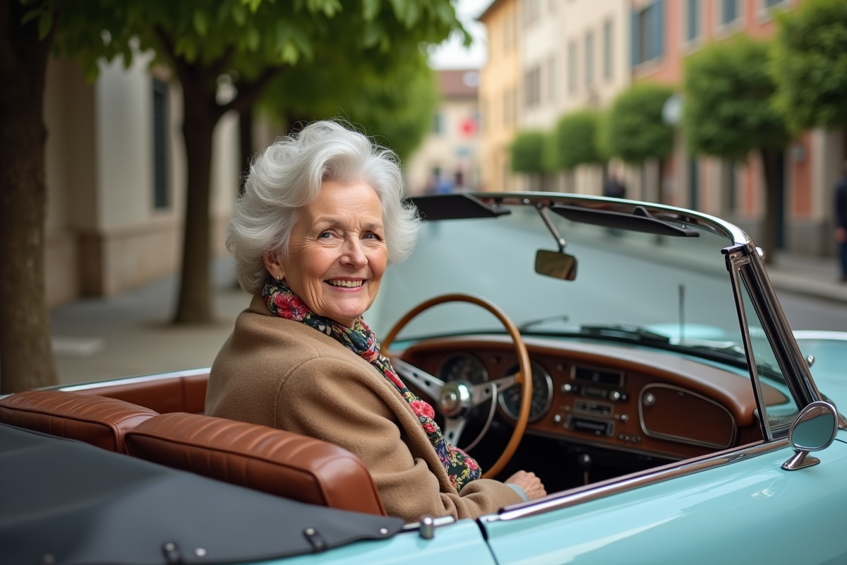 Femme âgée souriante dans une voiture classique décapotable