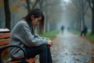 Jeune femme mélancolique assise seule sur un banc mouillé dans un parc en automne, illustrant la solitude après une rupture amoureuse