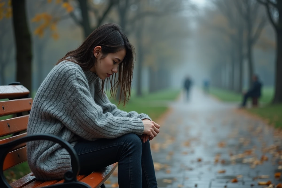 Jeune femme mélancolique assise seule sur un banc mouillé dans un parc en automne, illustrant la solitude après une rupture amoureuse