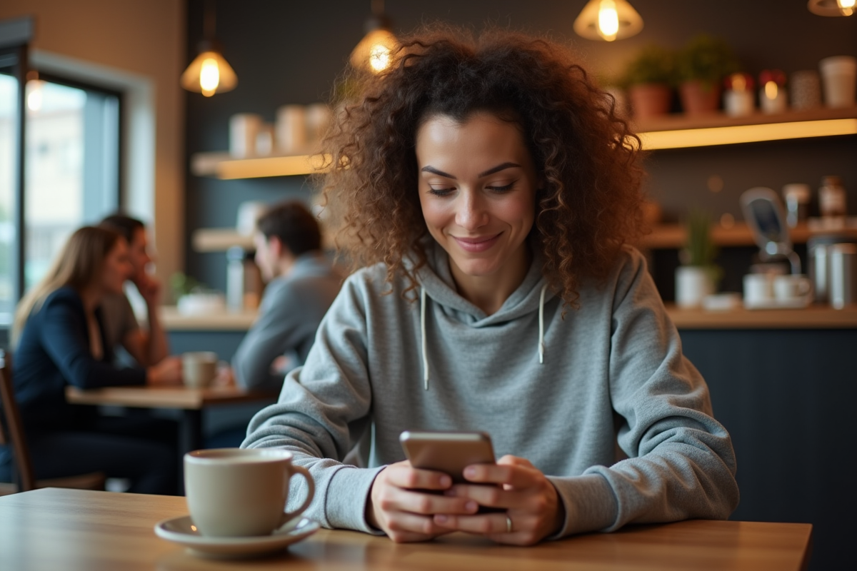 Femme utilisant son smartphone dans un café chaleureux