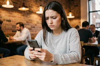 Femme inquiète regardant son smartphone dans un café, illustrant les risques de navigation mobile et les sites suspects comme tarenoi