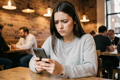 Femme inquiète regardant son smartphone dans un café, illustrant les risques de navigation mobile et les sites suspects comme tarenoi