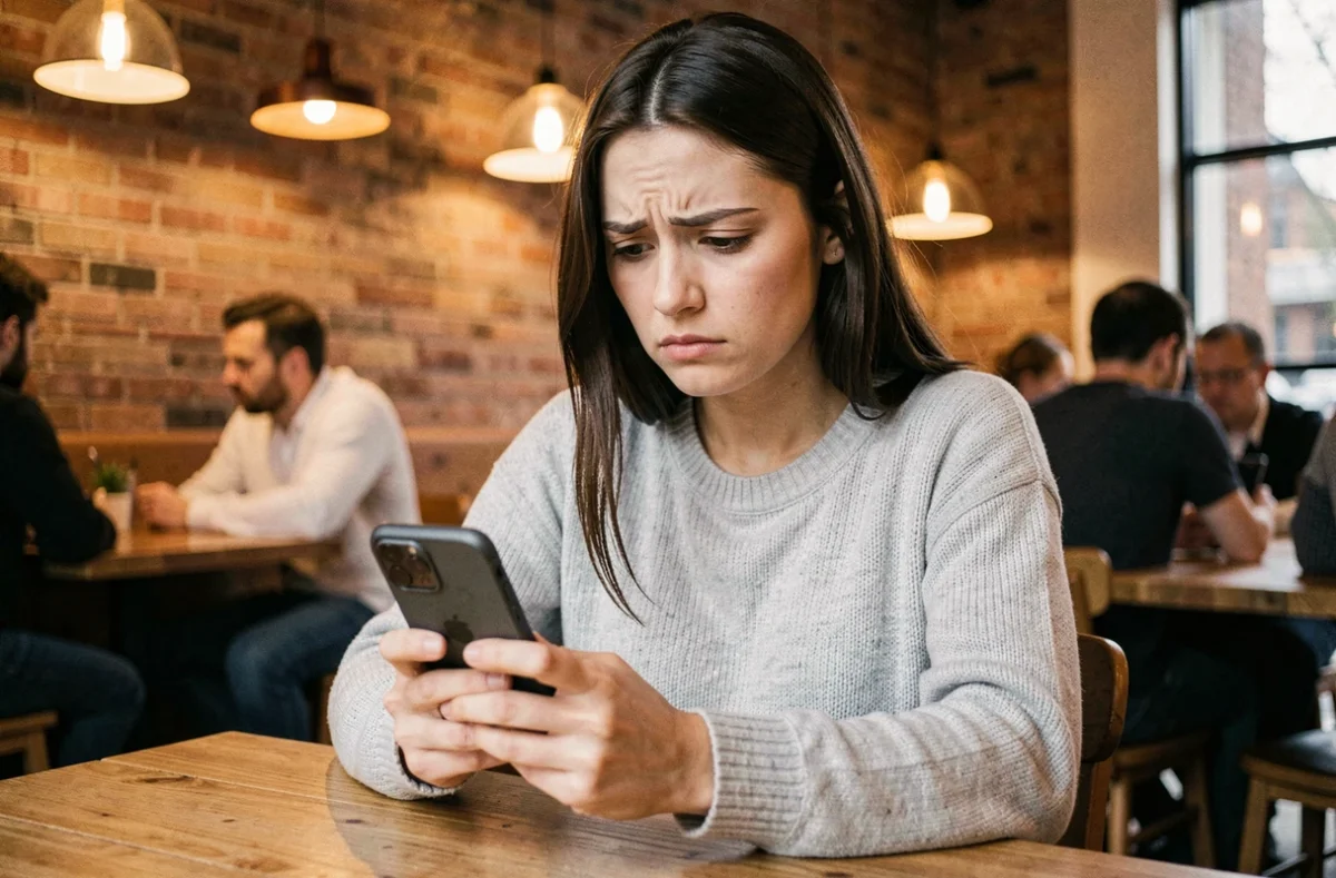Femme inquiète regardant son smartphone dans un café, illustrant les risques de navigation mobile et les sites suspects comme tarenoi