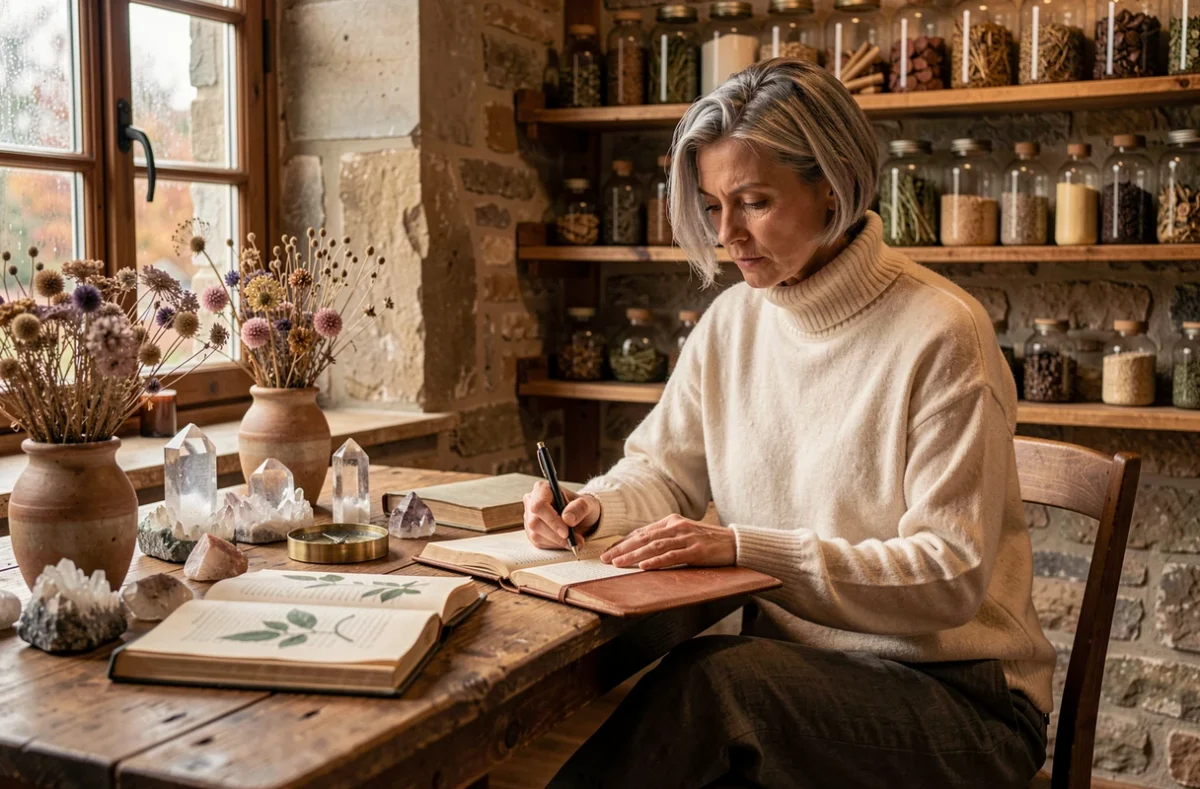 Femme aux cheveux argentés pratiquant des rituels ésotériques avec cristaux et livres botaniques anciens dans un atelier en pierre