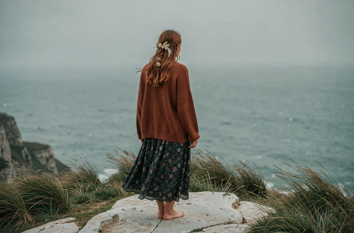 Femme mystérieuse aux cheveux roux tressés debout au bord d'une falaise côtière balayée par le vent, silhouette évoquant la figure de la sorcière moderne