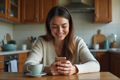 Femme souriante jouant &agrave; Candy Crush sur son smartphone