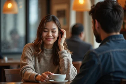 Femme timide qui cache son sourire dans un café face à un homme, signe amoureux discret