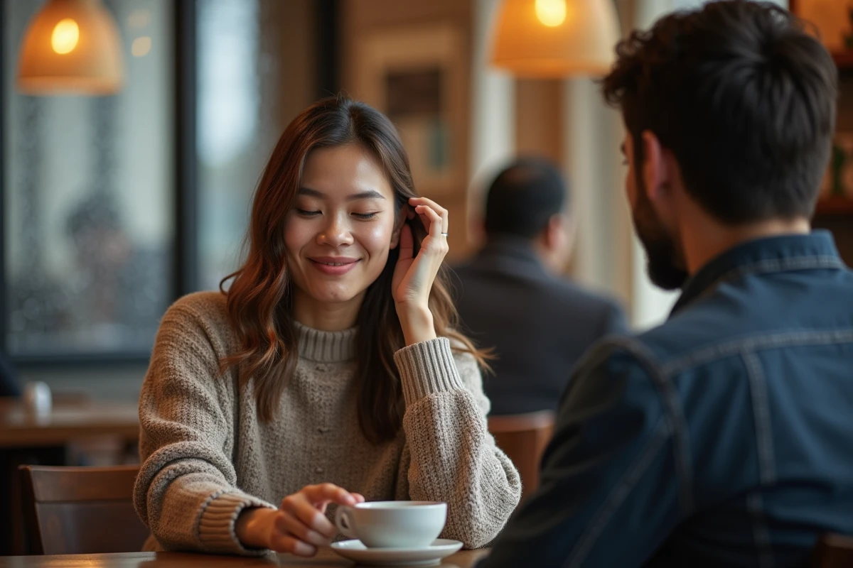 Femme timide qui cache son sourire dans un café face à un homme, signe amoureux discret