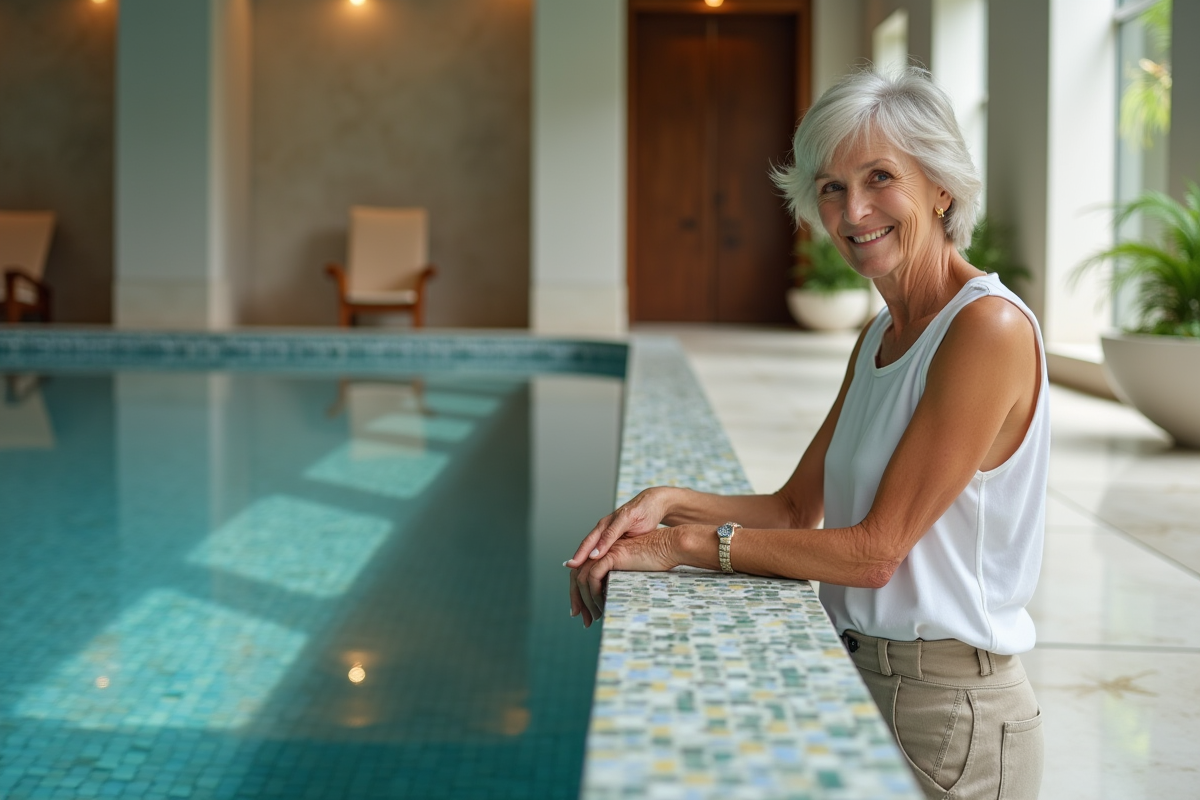 Femme âgée touchant les carreaux de mosaïque d