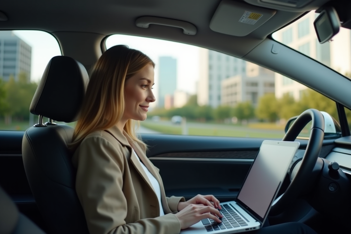 Femme jeune travaillant sur un ordinateur dans la voiture en mouvement
