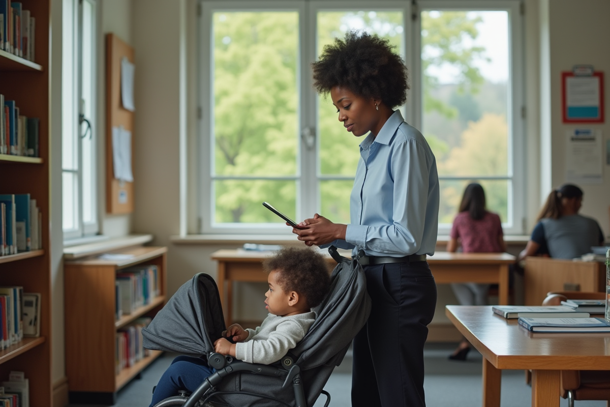 Femme africaine travaillant sur une tablette à la bibliothèque