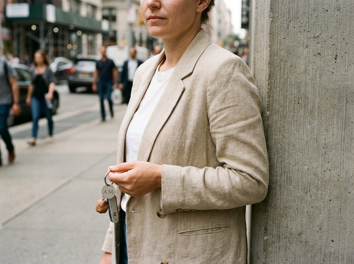 Femme tenant un trousseau de clés avec breloques artisanales en milieu urbain, style quotidien élégant