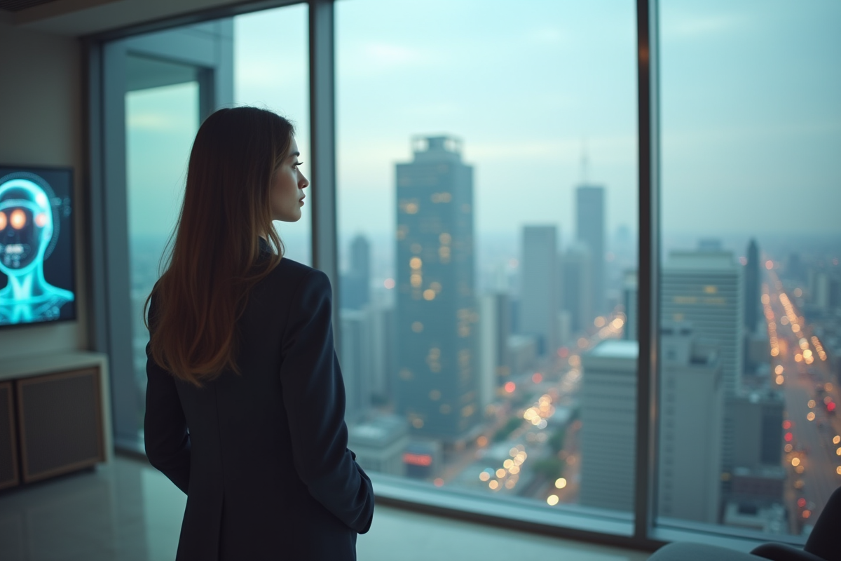 Jeune femme regardant la ville futuriste par la fenêtre