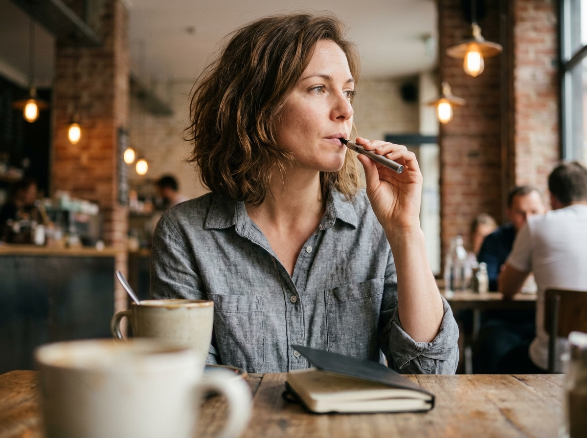 Femme ajustant son taux de nicotine dans une cigarette électronique dans un café urbain