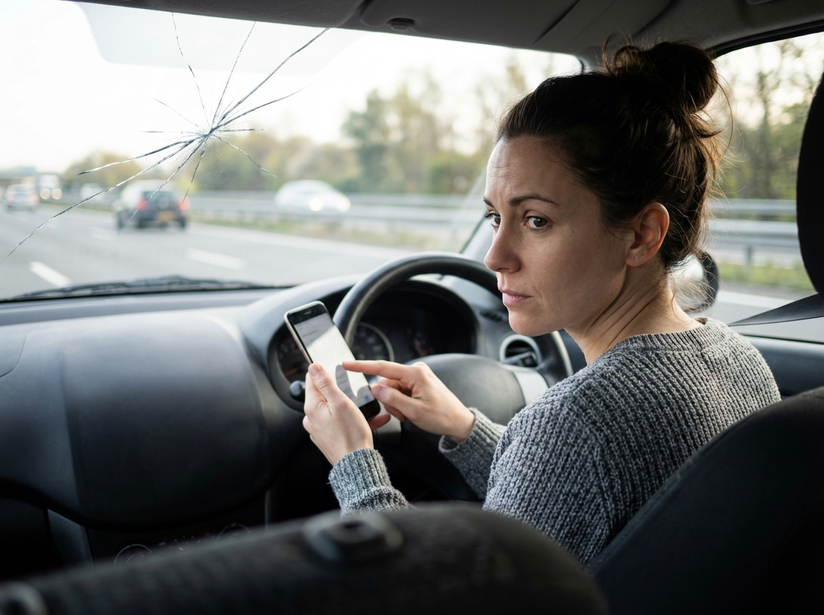 Jeune femme dans sa voiture vérifiant une fissure au pare-brise