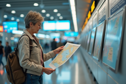 Femme voyageuse examine une carte à l'aéroport