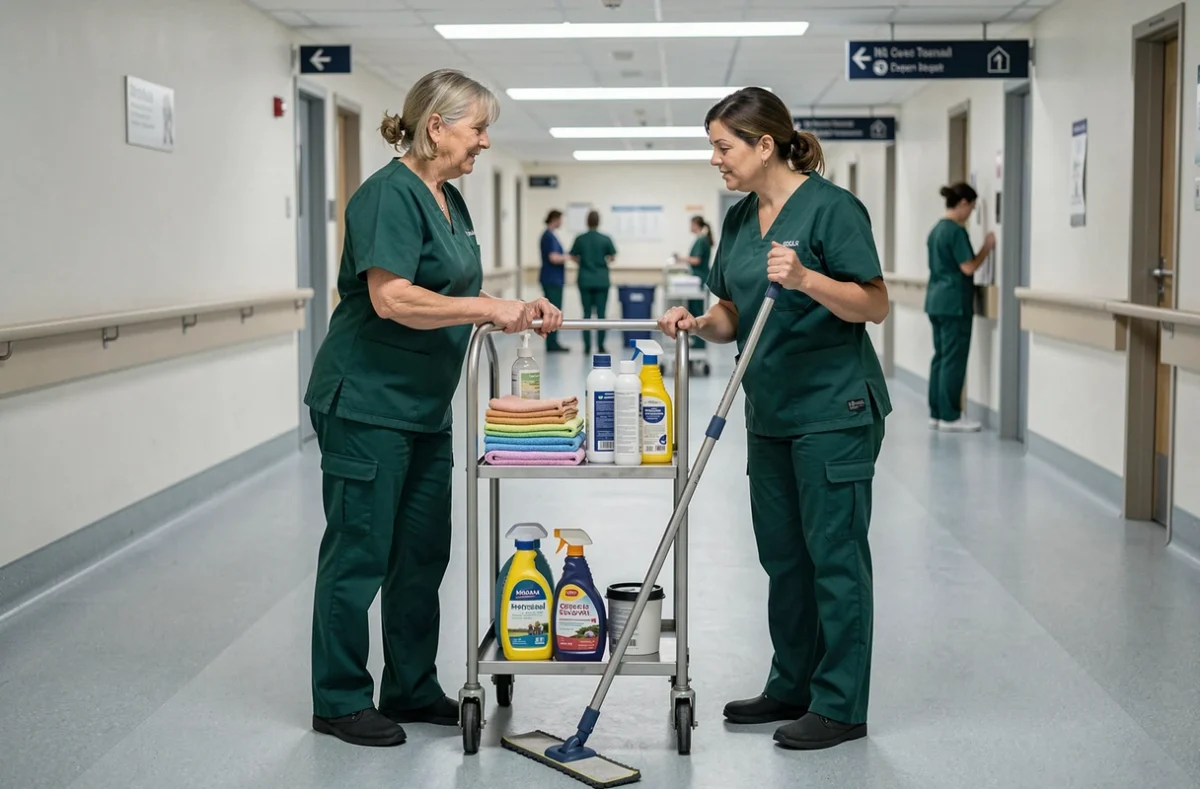Deux femmes de ménage en hôpital discutant de l'utilisation d'un matériel ergonomique, dans le cadre de la prévention des maladies professionnelles