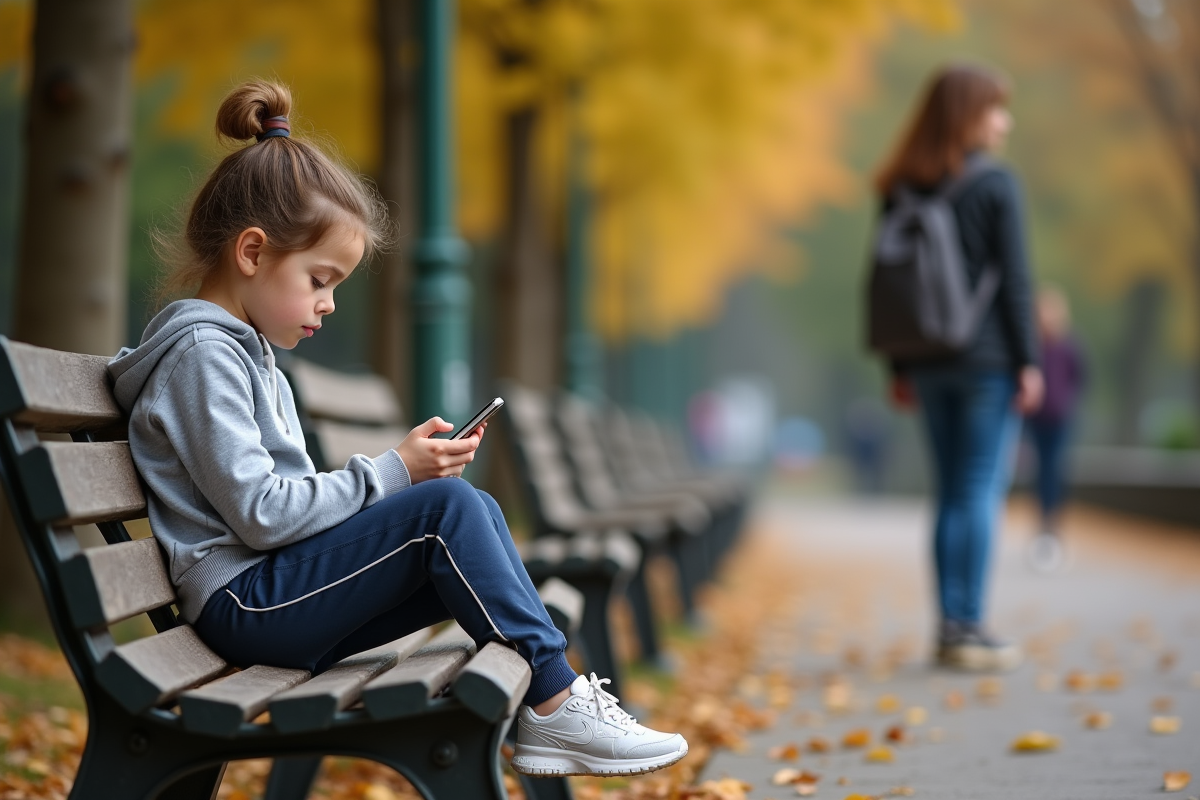 Fille préadolescente sur un banc de parc avec smartphone