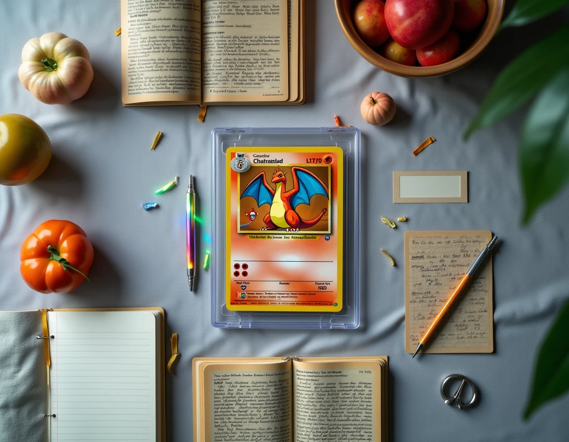 Vue à plat d'une collection de cartes Pokémon Dracaufeu rares avec slab de gradation, guide de prix et accessoires de protection sur tissu gris