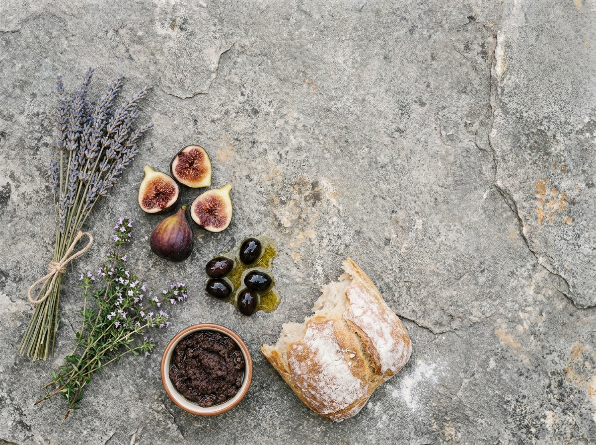 Flat-lay d'ingrédients provençaux typiques sur pierre grise : lavande, thym, figues, olives et tapenade pour la cuisine du quotidien
