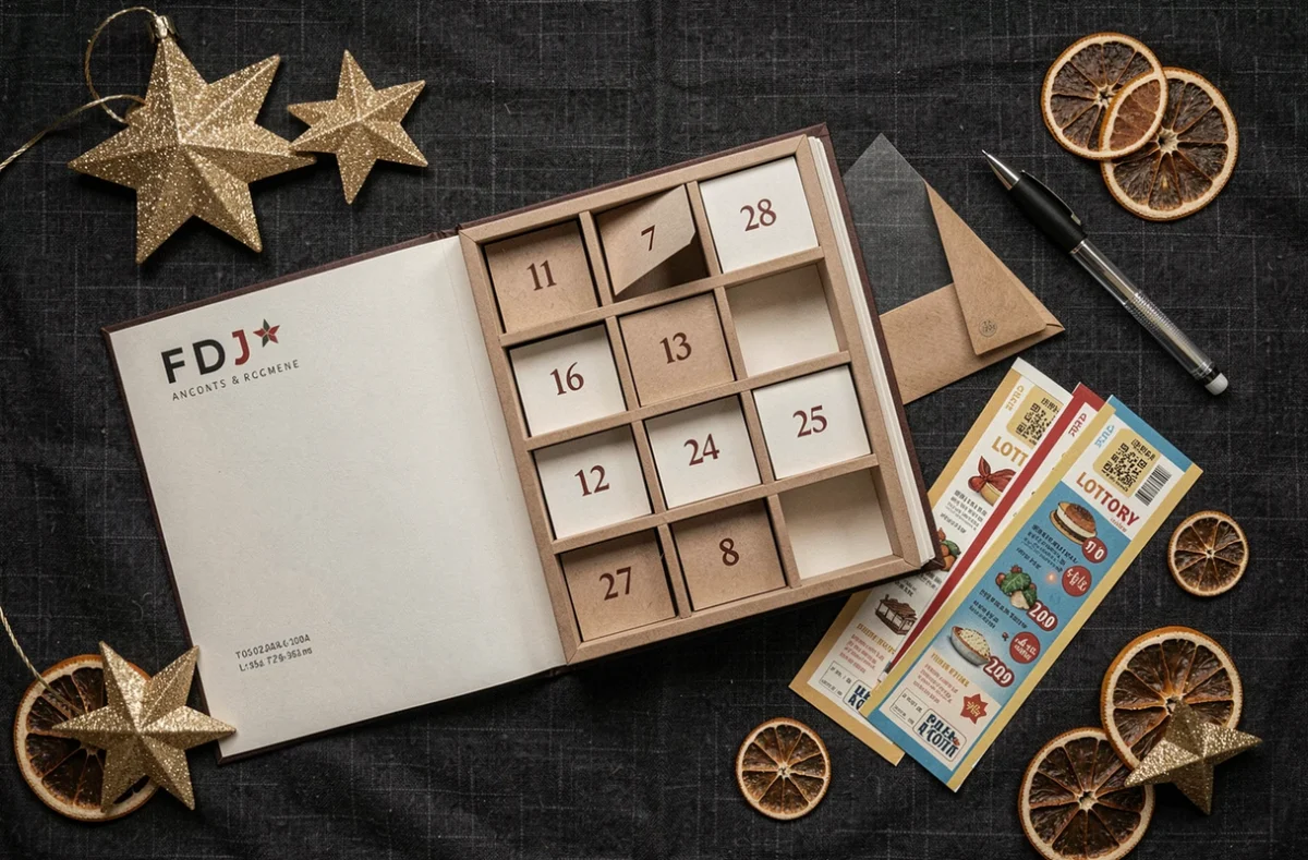Vue flatlay du calendrier de l'avent FDJ 2026 ouvert avec des tickets à gratter et des décorations de Noël sur une nappe en lin