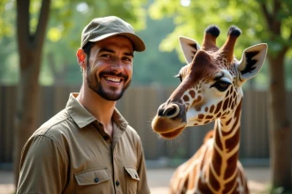 Jeune gardien de zoo avec une girafe dans un habitat naturel