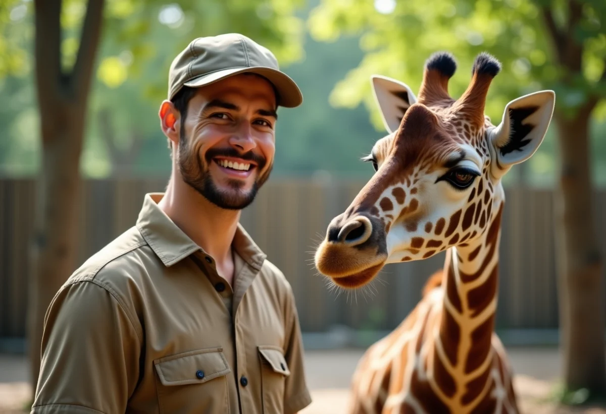 Jeune gardien de zoo avec une girafe dans un habitat naturel