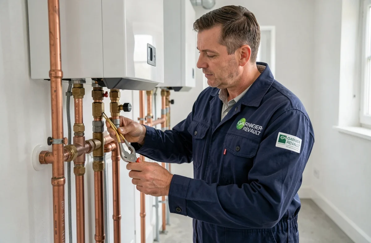 Technicien de l'entreprise Garnier-Revault effectuant une installation de chauffage en Ille-et-Vilaine