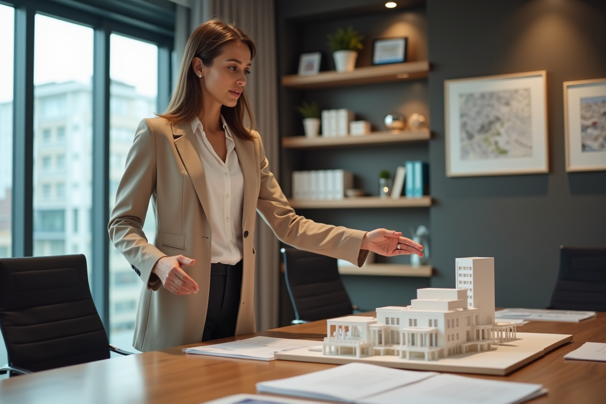 Jeune femme présentant un modele immobilier en bureau