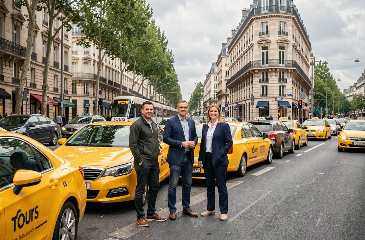 Équipe de chauffeurs du GIE Taxis de Tours alignés devant leurs véhicules place Jean-Jaurès